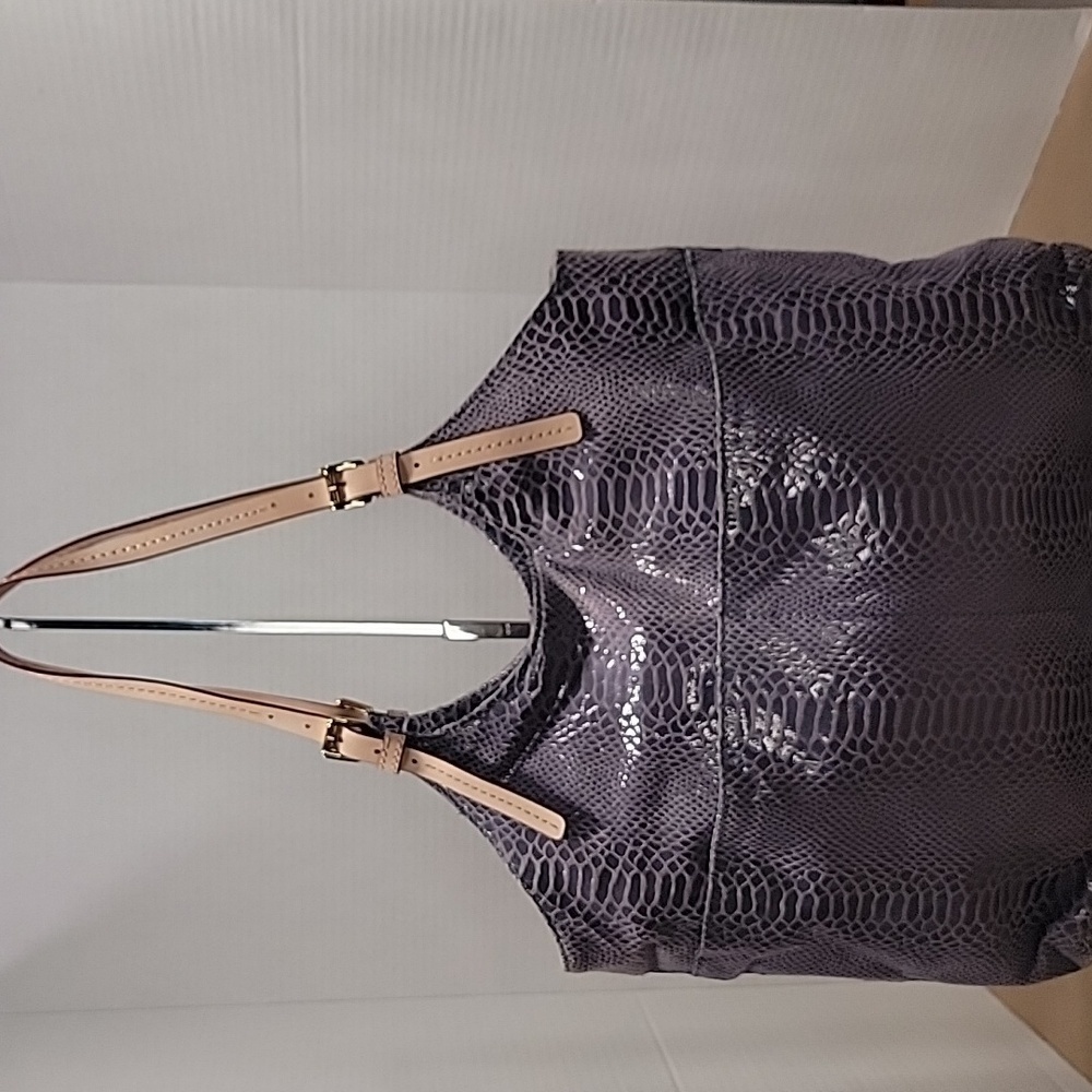 Michael Kors D-1210 Gray Snakeskin Tote Bag with Adjustable Tan Leather Straps